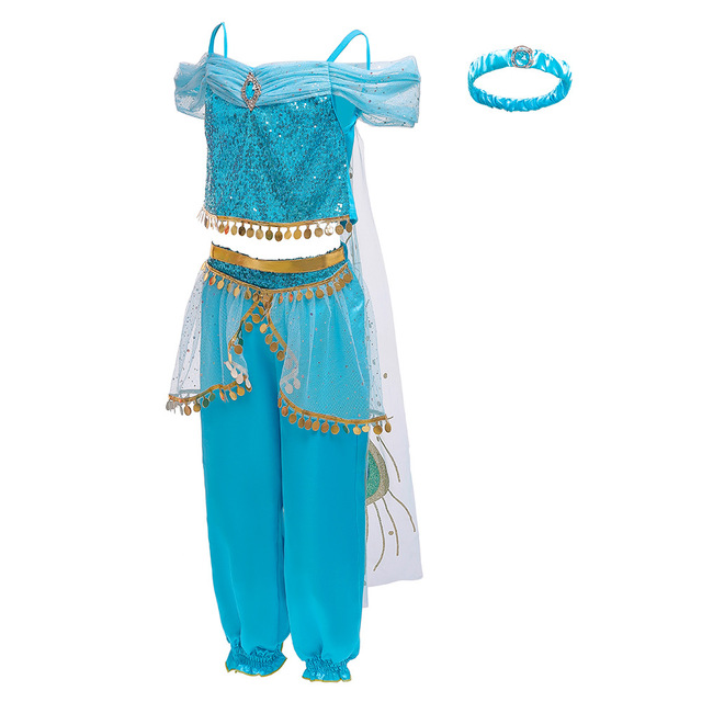 Dziecięcy kostium księżniczki Aladyna w stylu jaśminowym - niebieska i zielona sukienka na Halloween i karnawał - Wianko - 3