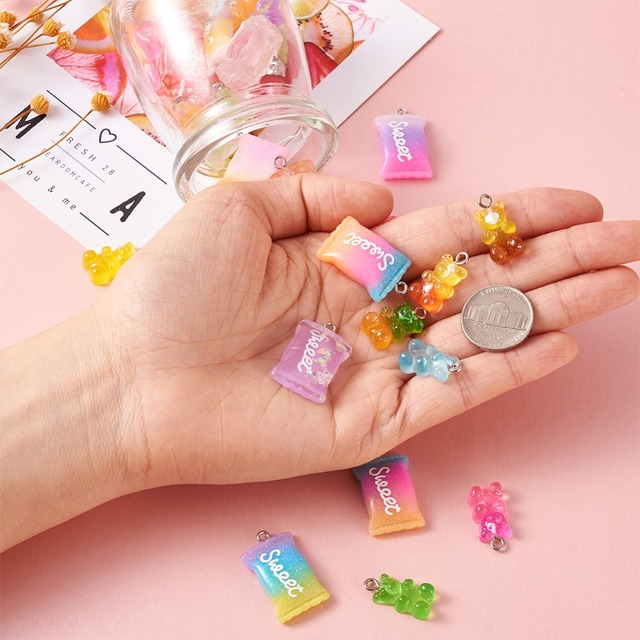 Wisiorek niedźwiedź charms cukierki 64 sztuki słodkie cukierki cukier z żywicy z Glitter do tworzenia biżuterii w wielu kolorach - Wianko - 7