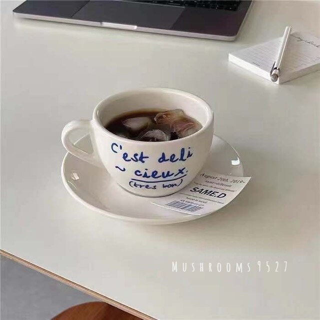 Kubek ceramiczny w koreańskim stylu ze spodkiem, niebieska litera, retro romantyczny kubek kawy do mleka - Wianko - 10