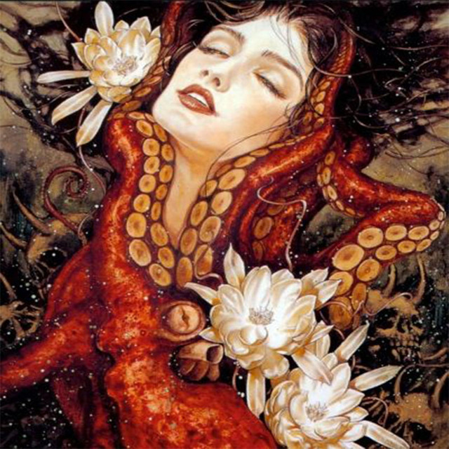 Diamentowy obraz 5D z motywem pięknej kobiety i ośmiornicy na tle kwiatów - Wianko - 2