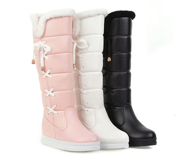 Zimowe damskie pluszowe kolana wysokie śniegowce w kolorach białym, różowym i czarnym, Casual, wiązane na krzyż, platforma zwiększona, płaskie długie buty jeździeckie - Wianko - 22