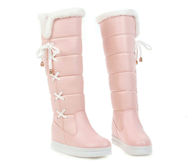 Zimowe damskie pluszowe kolana wysokie śniegowce w kolorach białym, różowym i czarnym, Casual, wiązane na krzyż, platforma zwiększona, płaskie długie buty jeździeckie - Wianko - 24