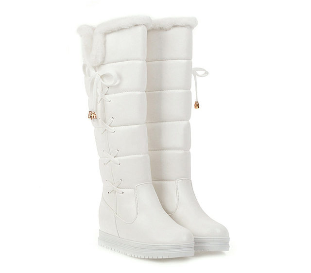 Zimowe damskie pluszowe kolana wysokie śniegowce w kolorach białym, różowym i czarnym, Casual, wiązane na krzyż, platforma zwiększona, płaskie długie buty jeździeckie - Wianko - 23