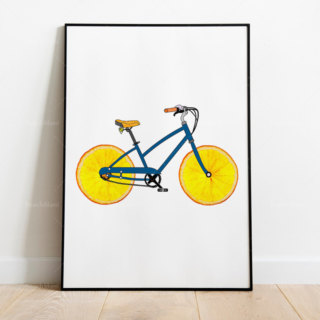 Plakat artystyczny z wydrukiem owoców i warzyw na rowerze górskim do dekoracji ściany kuchennej dla dzieci - Wianko - 4