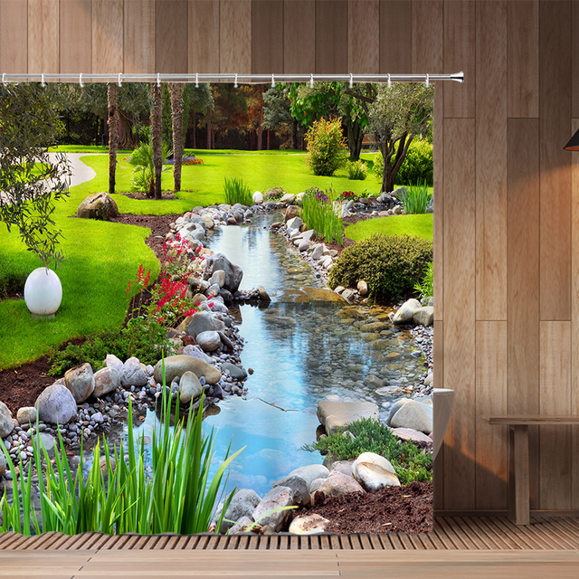 Tytuł: Zasłona prysznicowa drukowana z motywem krajobrazu lasu z wodospadem - Wianko - 3