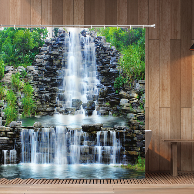 Tytuł: Zasłona prysznicowa drukowana z motywem krajobrazu lasu z wodospadem - Wianko - 2