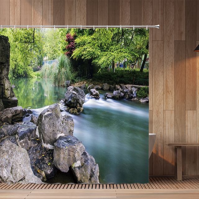Tytuł: Zasłona prysznicowa drukowana z motywem krajobrazu lasu z wodospadem - Wianko - 8
