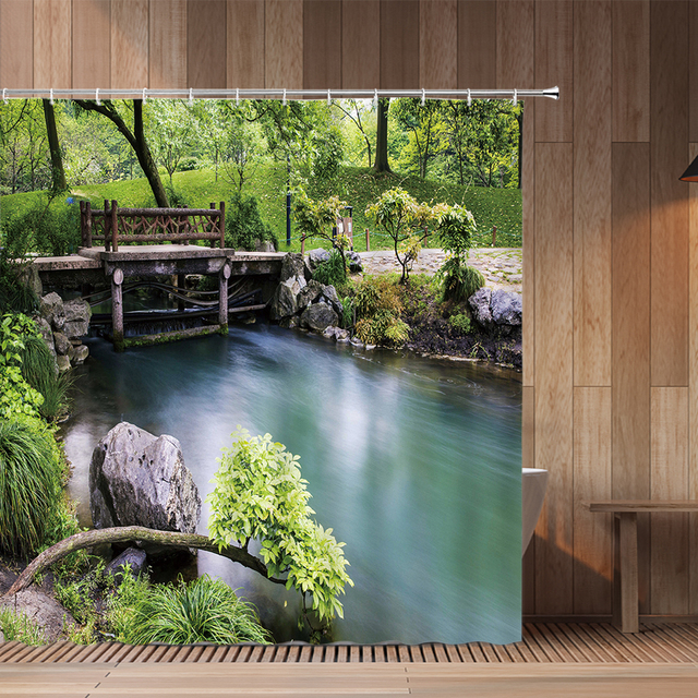 Tytuł: Zasłona prysznicowa drukowana z motywem krajobrazu lasu z wodospadem - Wianko - 7