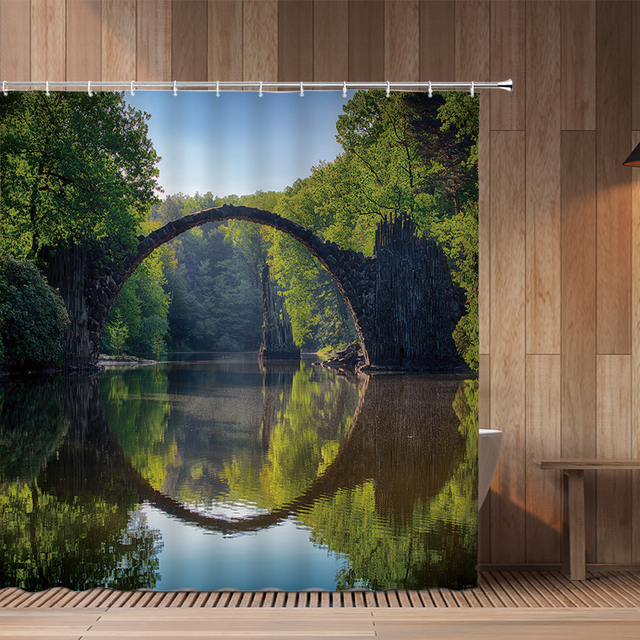 Tytuł: Zasłona prysznicowa drukowana z motywem krajobrazu lasu z wodospadem - Wianko - 9