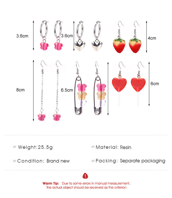Śliczne wiszące kolczyki truskawkowe z sercem i motylem - zestaw 6 par - Wianko - 2