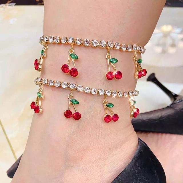 Złoty łańcuch wiśniowy z kryształem Rhinestone, czeskie plażowe sandały biżuteryjna bransoleta na kostkę - kobiecy urok - Wianko - 2
