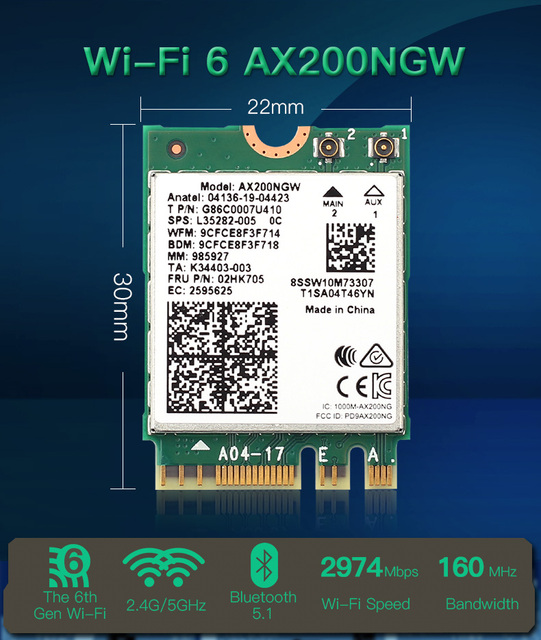 Karta sieciowa WiFi 6 AX200NGW 2974 mb/s Intel AX200 NGFF M.2 Bluetooth 5.1 (2.4G/5Ghz) dla Windows 10 - Wianko - 1