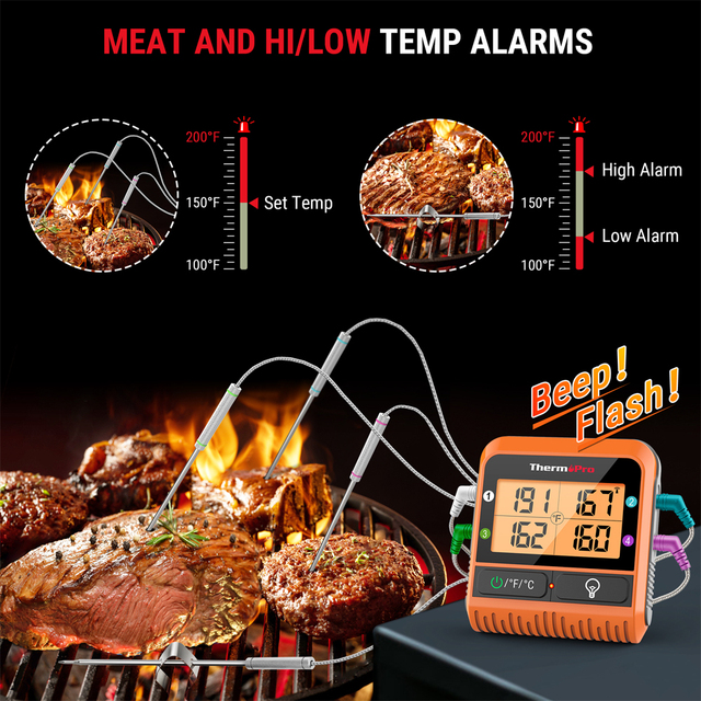 Bezprzewodowy kuchenny termometr ThermoPro TP829B 300M do mięsa z 4 sondami i podświetlaniem z timerem - Wianko - 6