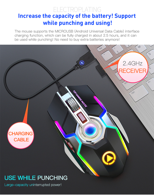 Bezprzewodowa mysz do gier z podświetleniem LED RGB, 2.4G, cicha, ergonomiczna, 1600DPI, 7 przycisków, optyczna, USB, dla PC i laptopa - Wianko - 8
