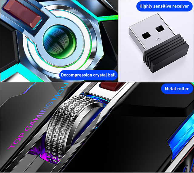 Bezprzewodowa mysz do gier z podświetleniem LED RGB, 2.4G, cicha, ergonomiczna, 1600DPI, 7 przycisków, optyczna, USB, dla PC i laptopa - Wianko - 5