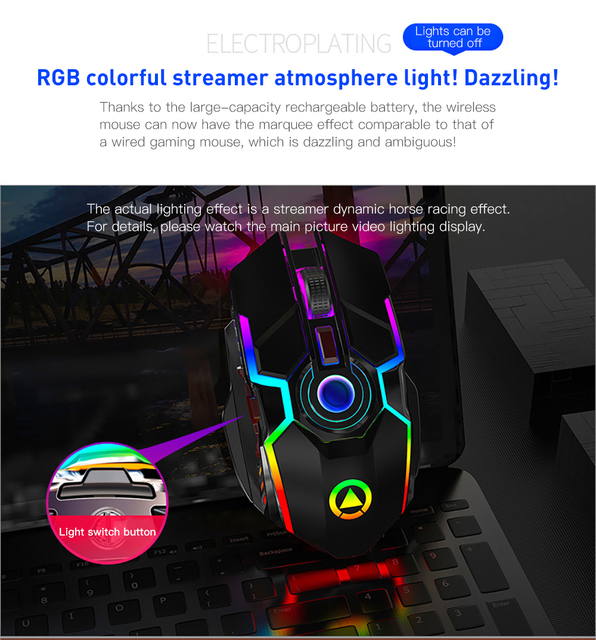 Bezprzewodowa mysz do gier z podświetleniem LED RGB, 2.4G, cicha, ergonomiczna, 1600DPI, 7 przycisków, optyczna, USB, dla PC i laptopa - Wianko - 7