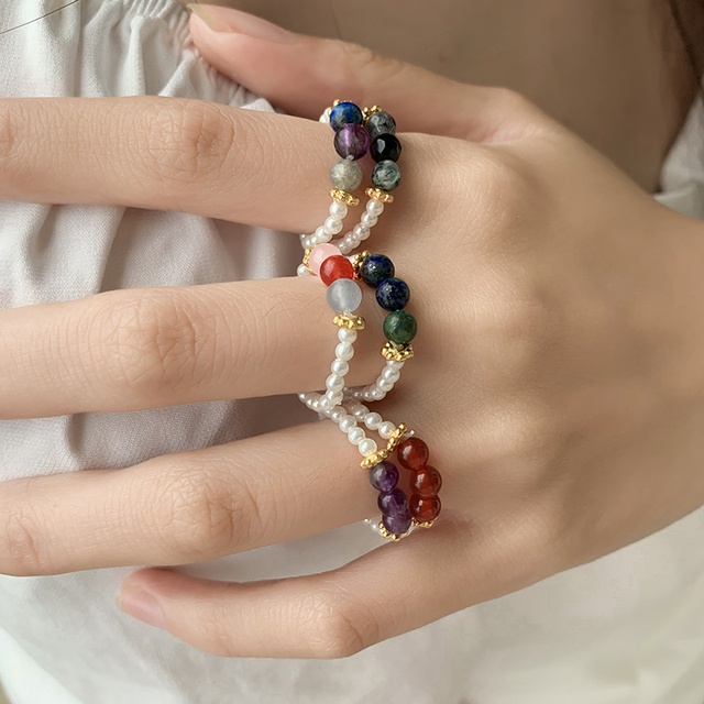 Nowe, kolorowe pierścienie z naturalnymi kamieniami i kryształami, wykonane ze stali nierdzewnej - regulowane, biżuteria Party 2021 - Wianko - 10