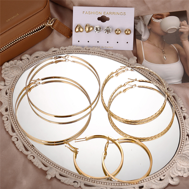 Złote oversize kolczyki Hoop z 2021 roku w stylu vintage - zestaw metalowych, okrągłych, geometrycznych kolczyków dla kobiet na imprezę i jako prezent - biżuteria modne kółka - Wianko - 5