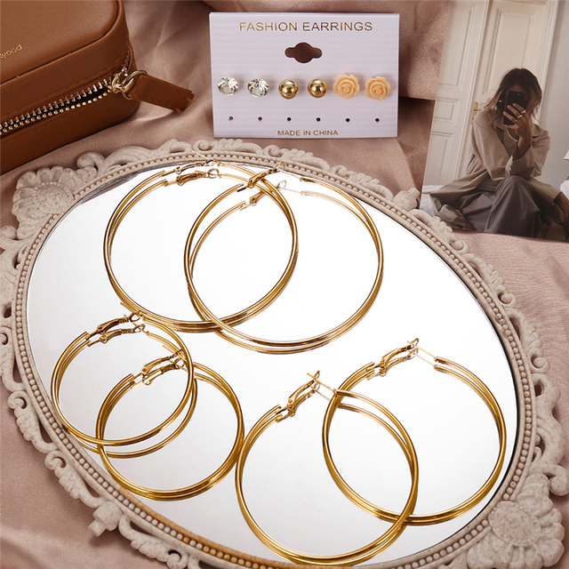 Złote oversize kolczyki Hoop z 2021 roku w stylu vintage - zestaw metalowych, okrągłych, geometrycznych kolczyków dla kobiet na imprezę i jako prezent - biżuteria modne kółka - Wianko - 8