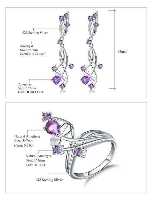 Zestaw biżuterii GEM'S balet naturalny ametyst Gemstone - kolczyki, pierścionki - 925 srebro, dla kobiet, romantyczny ślub - Wianko - 5