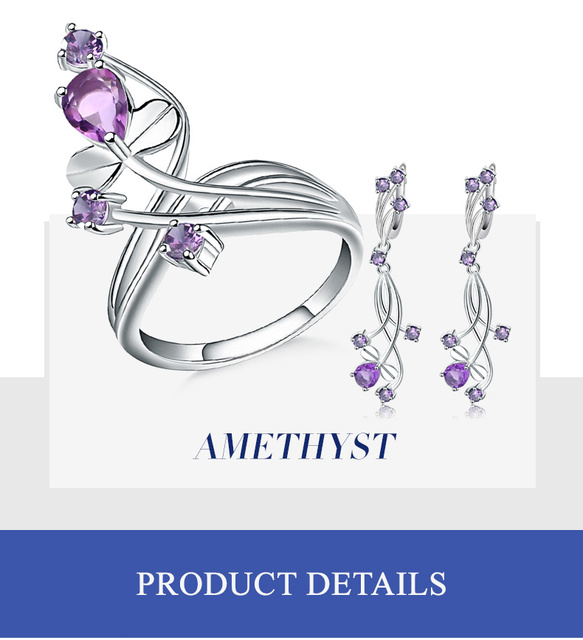 Zestaw biżuterii GEM'S balet naturalny ametyst Gemstone - kolczyki, pierścionki - 925 srebro, dla kobiet, romantyczny ślub - Wianko - 1