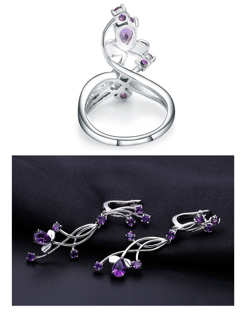 Zestaw biżuterii GEM'S balet naturalny ametyst Gemstone - kolczyki, pierścionki - 925 srebro, dla kobiet, romantyczny ślub - Wianko - 3