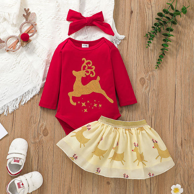 Zestaw ubrań dla niemowląt na Boże Narodzenie: body z długim rękawem i sukienka bawełniana w kolorze czerwonym. Ubrania dla dziewczynki, idealne dla noworodka do 18 miesięcy - Wianko - 2