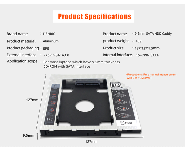 Obudowa dysku twardego TISHRIC HDD Caddy 9.5mm/12.7mm SATA do laptopa DVD/CD-ROM - Wianko - 3