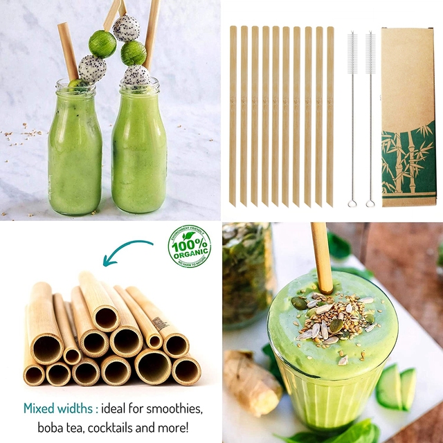 Setka 10 naturalnych bambusowych słomek do picia wielokrotnego użytku 20cm + szczotka do czyszczenia - przyjazne dla środowiska, odpowiednie do koktajli i barowych akcesoriów - Wianko - 4