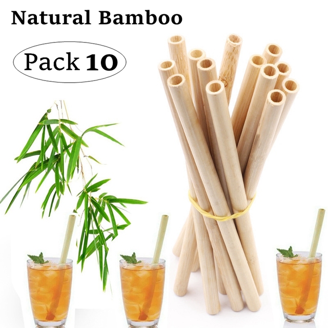 Setka 10 naturalnych bambusowych słomek do picia wielokrotnego użytku 20cm + szczotka do czyszczenia - przyjazne dla środowiska, odpowiednie do koktajli i barowych akcesoriów - Wianko - 2