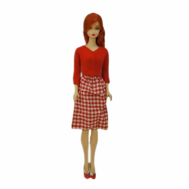 Czerwona koszula z długim rękawem i pleciona spódnica dla lalek Barbie FR Kurhn - sukienka wieczorowa 11.5 - Wianko - 1