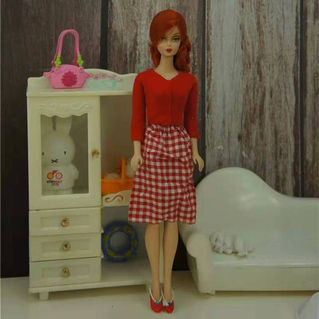 Czerwona koszula z długim rękawem i pleciona spódnica dla lalek Barbie FR Kurhn - sukienka wieczorowa 11.5 - Wianko - 2