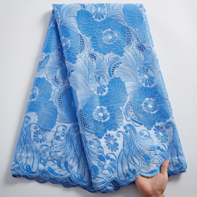 Nowa afrykańska koronkowa tkanina 2021 - wysoka jakość, błękitna, szwajcarska woalka, bawełniana, haftowana, do samodzielnego szycia sukienek, A2423 - Wianko - 19