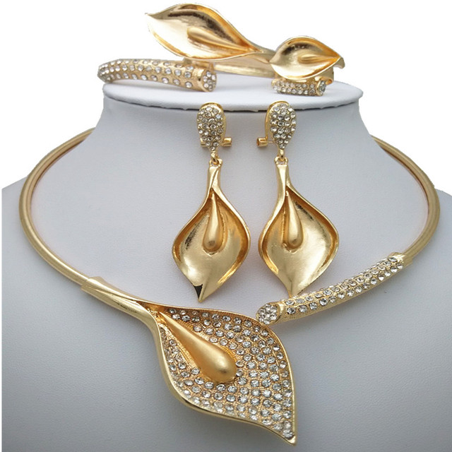 Złoty zestaw biżuterii ślubnej Afryki dla nowożeńców: kolczyki, naszyjnik i bransoletka - Wianko - 1