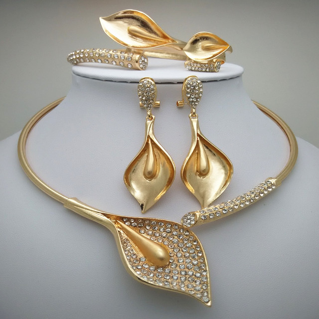 Złoty zestaw biżuterii ślubnej Afryki dla nowożeńców: kolczyki, naszyjnik i bransoletka - Wianko - 5