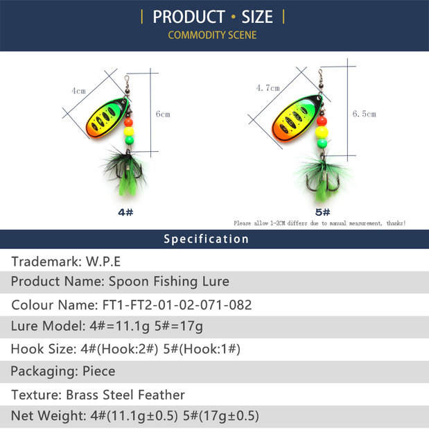 W.P.E Brand Spoon Lure 1 sztuka 4 #/5 # - przynęta spinowa do basu, mosiężna, z piórkami i hakami Treble Wobblers Tackle - Wianko - 12