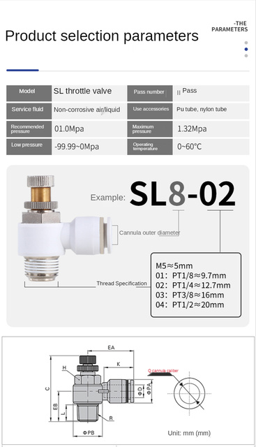 Biały zawór dławiący SL4-M5/SL6-01/SL8-02/10-03/16-04 do regulacji ciśnienia, kontrola prędkości cylindra – część pneumatyczna - Wianko - 3