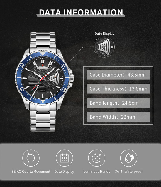 Nowy NAVIFORCE męski zegarek sportowy z kalendarzem, wodoodporny, stal nierdzewna pasek, świetliste wskazówki - Wianko - 2