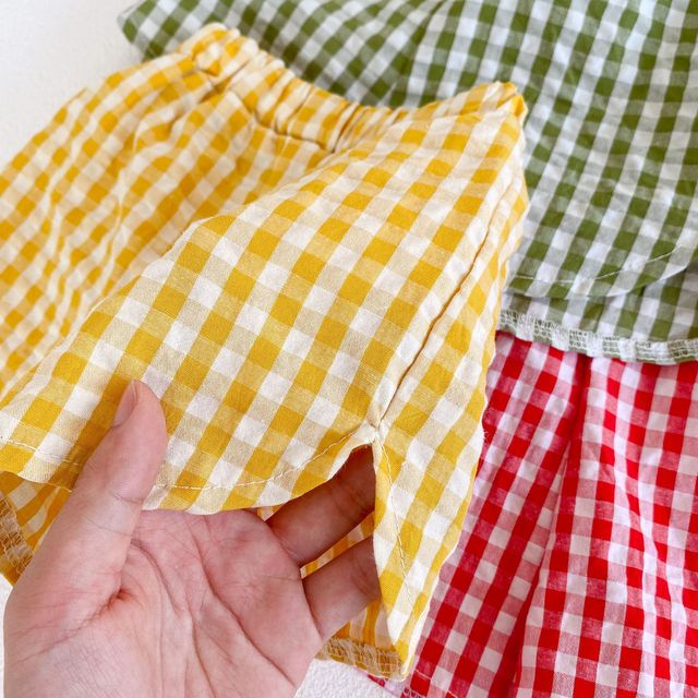 Zestaw ubrań dziecięcych: Owoce nadrukiem, styl japoński, t-shirty + szorty w kratę - Wianko - 13