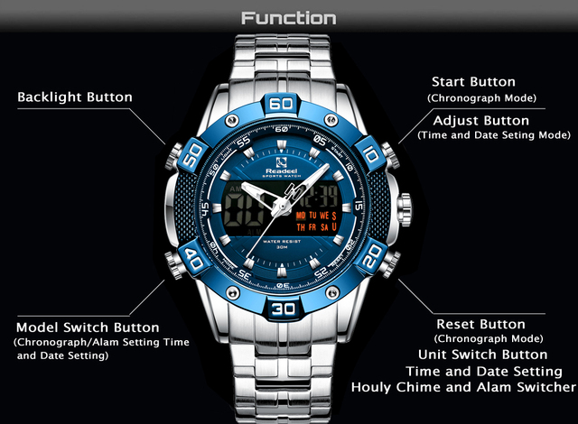 Męski zegarek Readeel ze stali nierdzewnej, analogowo-cyfrowy, z LED, kwarcowy, sportowy, wojskowy, Relogio Masculino - Wianko - 3
