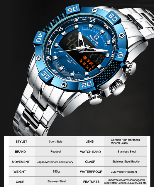 Męski zegarek Readeel ze stali nierdzewnej, analogowo-cyfrowy, z LED, kwarcowy, sportowy, wojskowy, Relogio Masculino - Wianko - 5