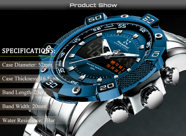 Męski zegarek Readeel ze stali nierdzewnej, analogowo-cyfrowy, z LED, kwarcowy, sportowy, wojskowy, Relogio Masculino - Wianko - 2
