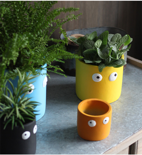 Kreatywna doniczka z cementu z zielonymi roślinami - cartoon śliczne małe oczy soczysty kwiat balkon ozdoby - Wianko - 5