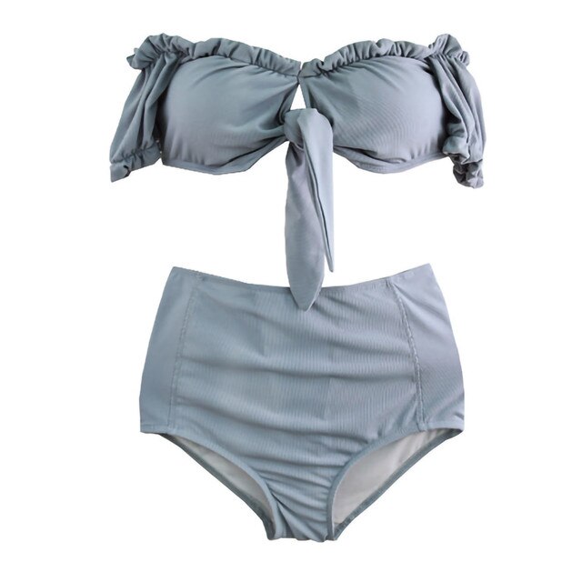 Stroje kąpielowe: Koreański styl, słodki zestaw bikini - bandeau, wysoka talia, kolor jednolity, off-ramię - dla kobiet - Wianko - 18