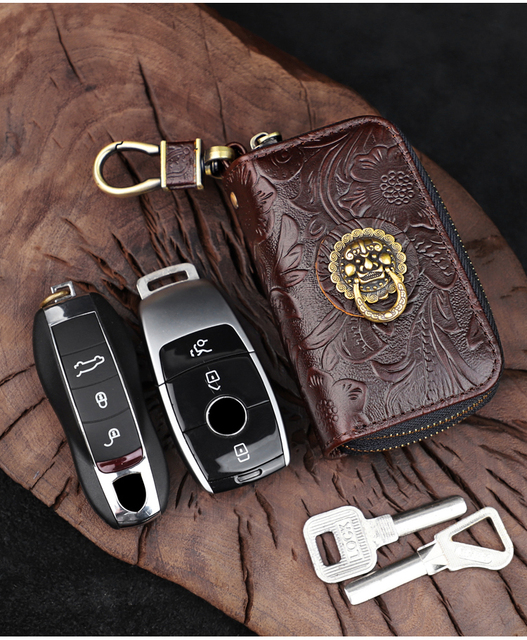 Ręcznie robiony portfel na klucze z prawdziwej skóry - inteligentny klucz, uchwyt, skrzynka, kieszeń na monety, podwójny zamek błyskawiczny - Wianko - 29