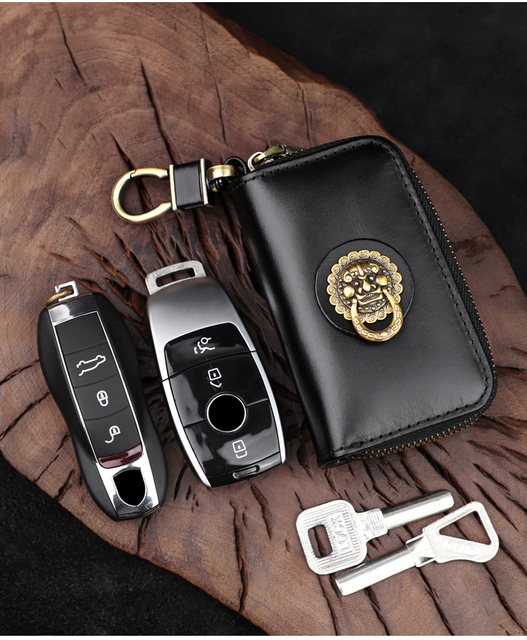 Ręcznie robiony portfel na klucze z prawdziwej skóry - inteligentny klucz, uchwyt, skrzynka, kieszeń na monety, podwójny zamek błyskawiczny - Wianko - 32