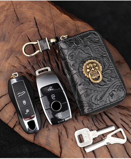 Ręcznie robiony portfel na klucze z prawdziwej skóry - inteligentny klucz, uchwyt, skrzynka, kieszeń na monety, podwójny zamek błyskawiczny - Wianko - 20