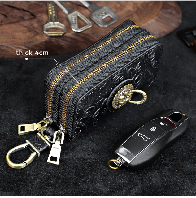 Ręcznie robiony portfel na klucze z prawdziwej skóry - inteligentny klucz, uchwyt, skrzynka, kieszeń na monety, podwójny zamek błyskawiczny - Wianko - 23