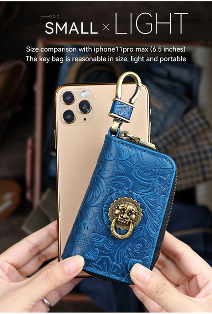 Ręcznie robiony portfel na klucze z prawdziwej skóry - inteligentny klucz, uchwyt, skrzynka, kieszeń na monety, podwójny zamek błyskawiczny - Wianko - 11