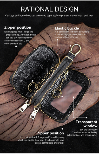 Ręcznie robiony portfel na klucze z prawdziwej skóry - inteligentny klucz, uchwyt, skrzynka, kieszeń na monety, podwójny zamek błyskawiczny - Wianko - 7